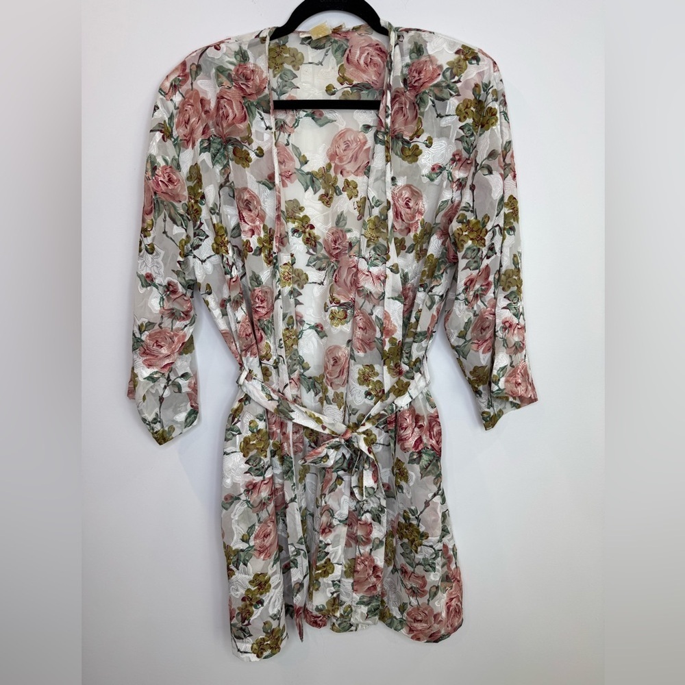 Vintage La Vie En Rose Floral semi sheer Open-Front Kimono robe